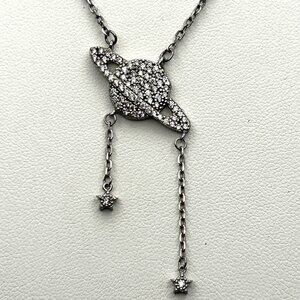 Sterling Silver 925 Saturn Dangle Stars Diamond Necklace 17in